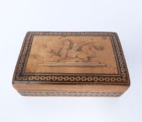 A Tonbridge ware stamp box with Griffin to centre. Internal partitions.