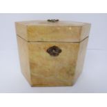 A George III abalone hexagonal tea caddy, silvered lining and inner partition, lockable with key and