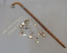 Collection of silver items, jewellery and white metal topped and collared walking cane, cameo and