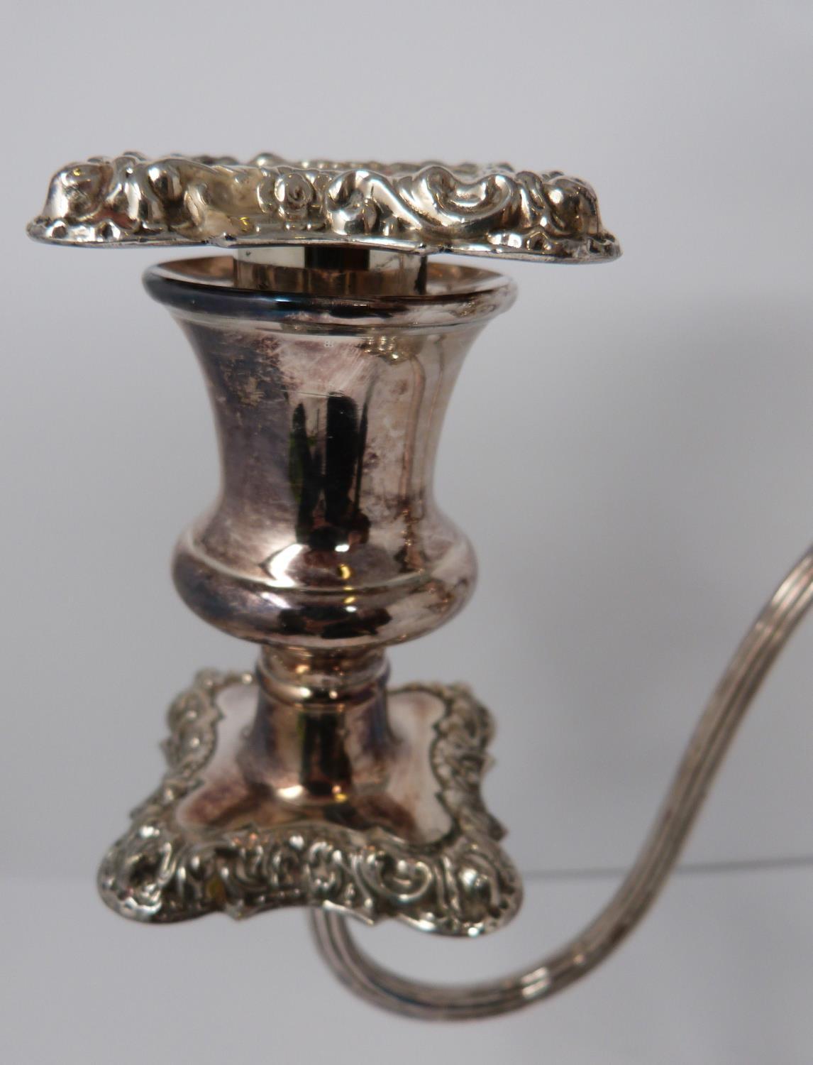 A pair of silver plated candelabra. Repoussé work, elegant swirled design, flame removable finial - Image 6 of 9