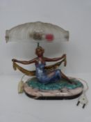 Art Deco bronze lamp. Lady with shawl on a grass bank, mounted on a black and white layer marble