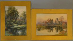 Two 19th century watercolours of landscapes in gold mounts. Signed, unframed. 50x39cm