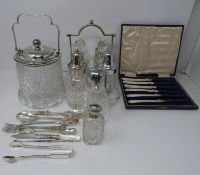 Collection of silver plate including, cruet, cut glass buiscuit barrel, cased butter and cut glass