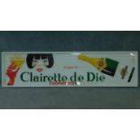 A framed vintage Clairette De Die champagne advertising poster, design by Alain Gauthier. 72x280cm