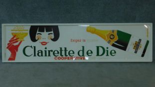 A framed vintage Clairette De Die champagne advertising poster, design by Alain Gauthier. 72x280cm