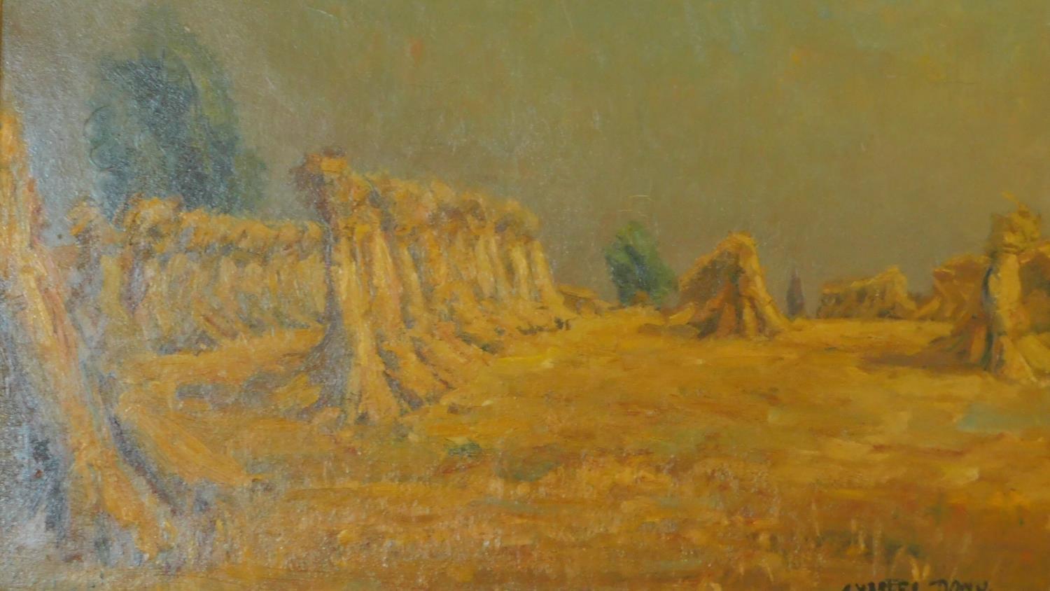 A gilt framed oil on canvas, impressionist style harvest scene, signed Charles Dony. 60x70cm - Image 2 of 3