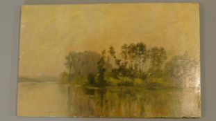 Oil on panel of lakescape signed Hippolyte Camille Delpy. 31x22cm