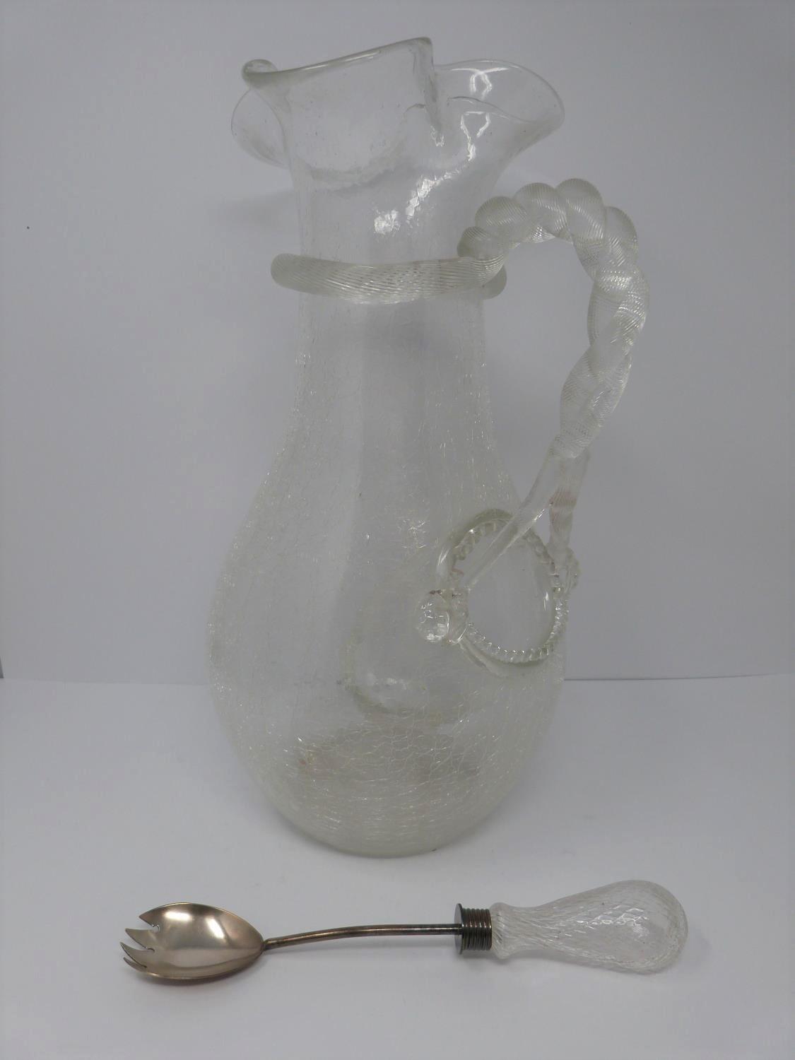 Antique crackle glass champagne pitcher and blown glass handle ice scoop, 1870, by Boston and