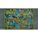 A framed oil on canvas by Filipino artist Norma Belleza of a gathering of women. Signed and dated