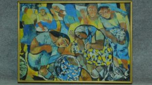 A framed oil on canvas by Filipino artist Norma Belleza of a gathering of women. Signed and dated