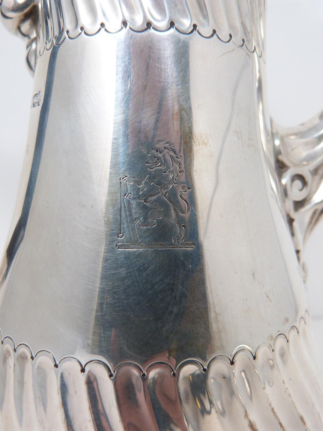 A Victorian sterling sliver coffee pot, with armorial crest on front, ebony handle and scrolling - Image 4 of 7