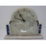 Abec Art Deco lapis lazuli and alabaster clock. Chrome back and lapis numerals. H20cm.