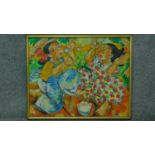 A framed oil on canvas by Filipino artist Norma Belleza of two children blowing bubbles. Signed