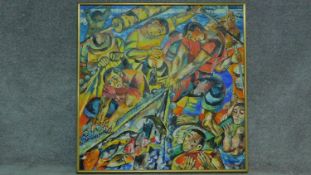 A framed oil on board by Filipino artist Norma Belleza of a village fishing scene. Signed and dated.