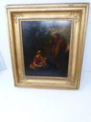 A 19th century oil on board in a carved giltwood frame. Depicting a father and mother and their