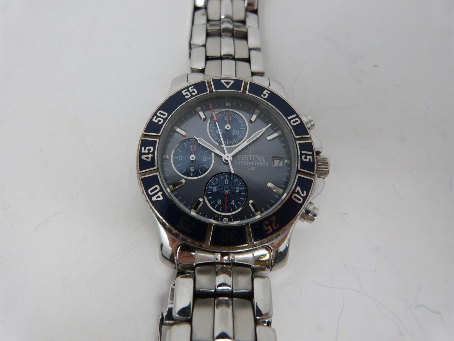 Festina chronograph watch, a stainless steel Chronograph 50M quartz wristwatch, with blue dial and - Image 3 of 11