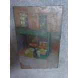 An oil on canvas attributed to British artist Claude Rogers depicting 'Charlotte Street'. Label