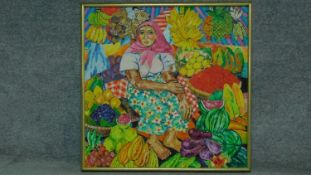 A framed oil on board by Filipino artist Norma Belleza of a fruit seller. Signed and dated. 97x97cm