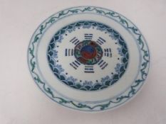 A Doucai style saucer dish with central yin-yang motif and stylized wave and scale design. Six