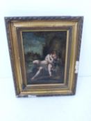 A 19th century oil on board in a giltwood frame. Christies label verso. Depicts a woman kissing A