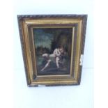 A 19th century oil on board in a giltwood frame. Christies label verso. Depicts a woman kissing A
