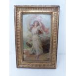 19th century gilt framed oil on board of a dancing lady with scarf. 30x20.5.