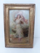 19th century gilt framed oil on board of a dancing lady with scarf. 30x20.5.
