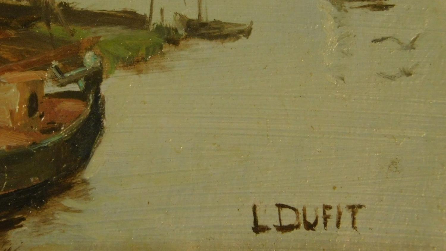 A pair of oil on panel landscapes in wooden frames. Signed L. Dufit. 24x33cm - Image 3 of 5