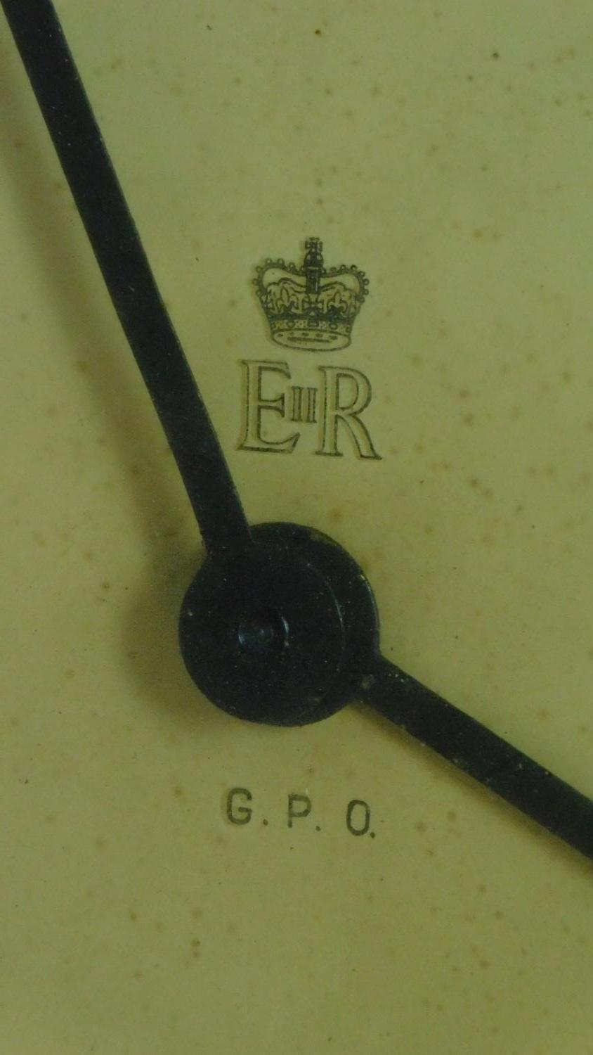 A King George V G.P.O. wooden cased 10" double-sided electric slave dial wall clock within turned - Image 4 of 6