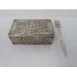 A White metal Egyptian box and pharaoh head White metal letter opener. The box has a repousse design