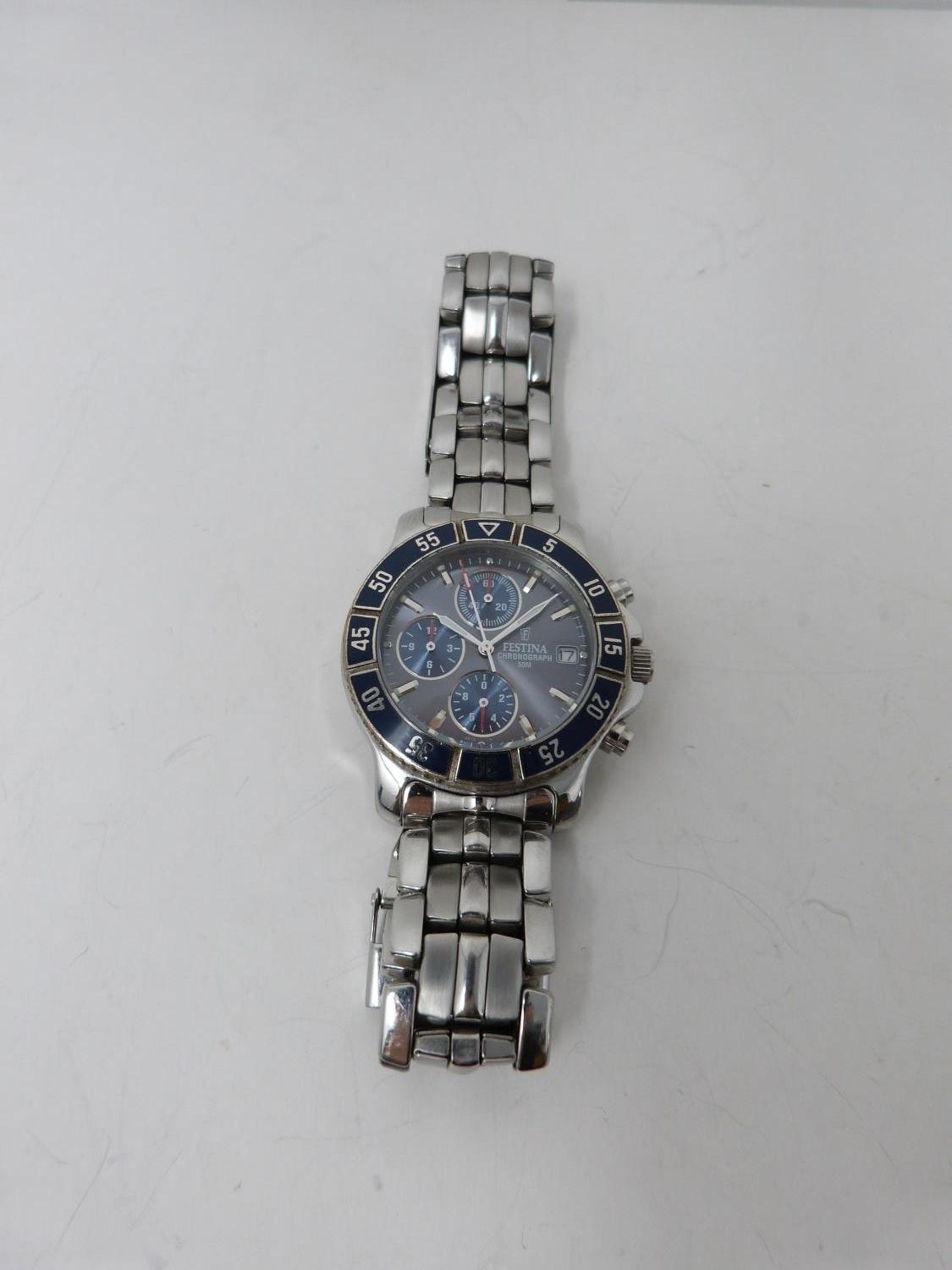 Festina chronograph watch, a stainless steel Chronograph 50M quartz wristwatch, with blue dial and - Image 2 of 11