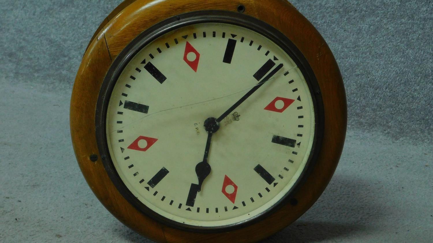 A King George V G.P.O. wooden cased 10" double-sided electric slave dial wall clock within turned - Image 2 of 6