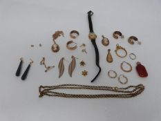 A collection of antique gold and yellow metal jewellery. Including a 9ct gold Tissot ladies watch,