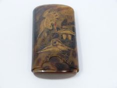 An antique Japanese faux tortoiseshell and lacquer case. Decorated with gilded lacquer cranes,