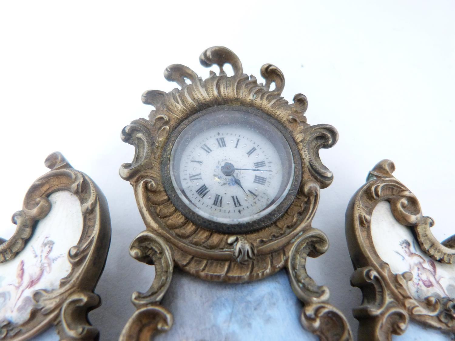 An antique gilt silver Austrian enamel miniature triptych clock. Winder for the hands has come loose - Image 11 of 11