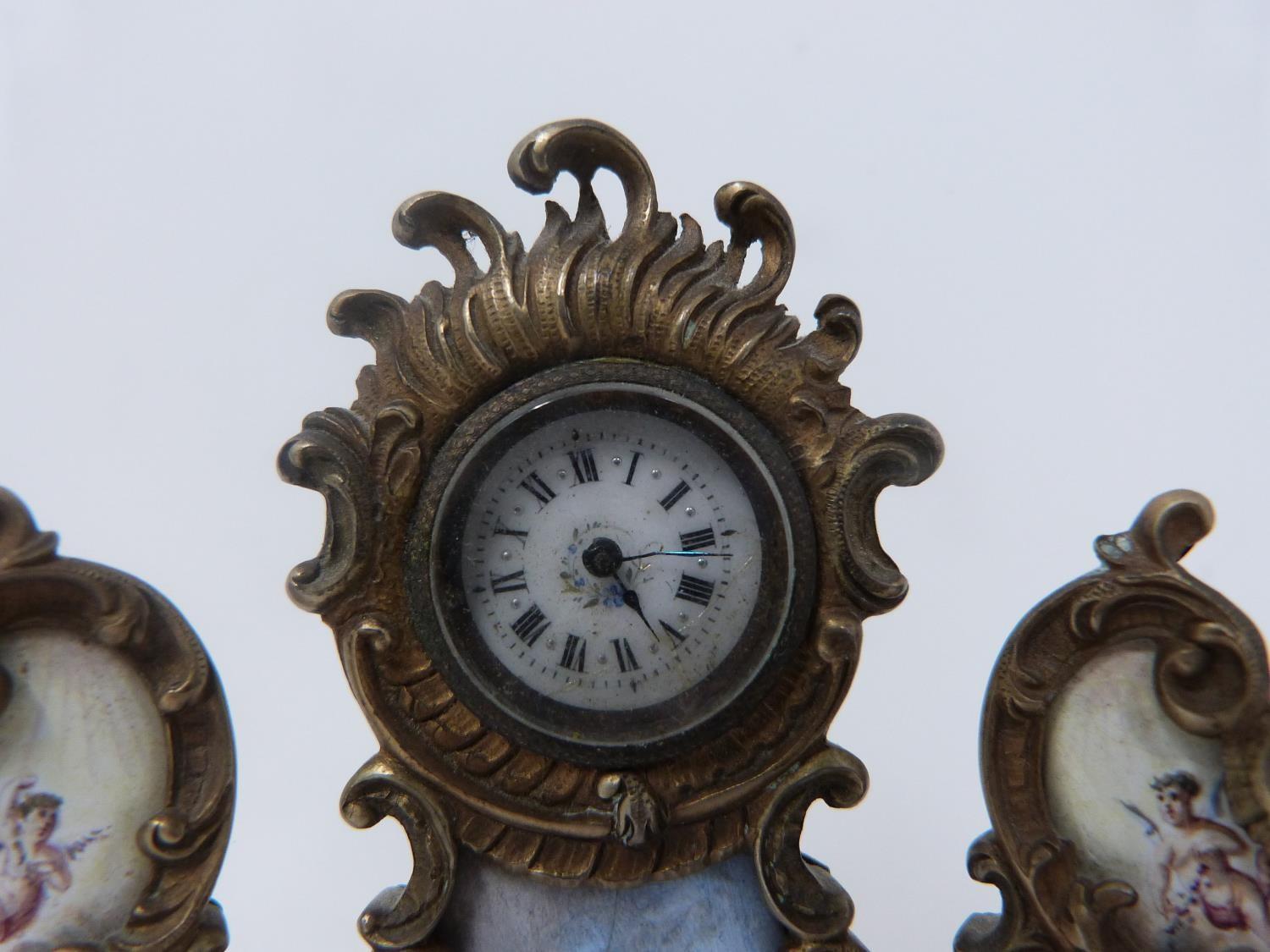 An antique gilt silver Austrian enamel miniature triptych clock. Winder for the hands has come loose - Image 3 of 11