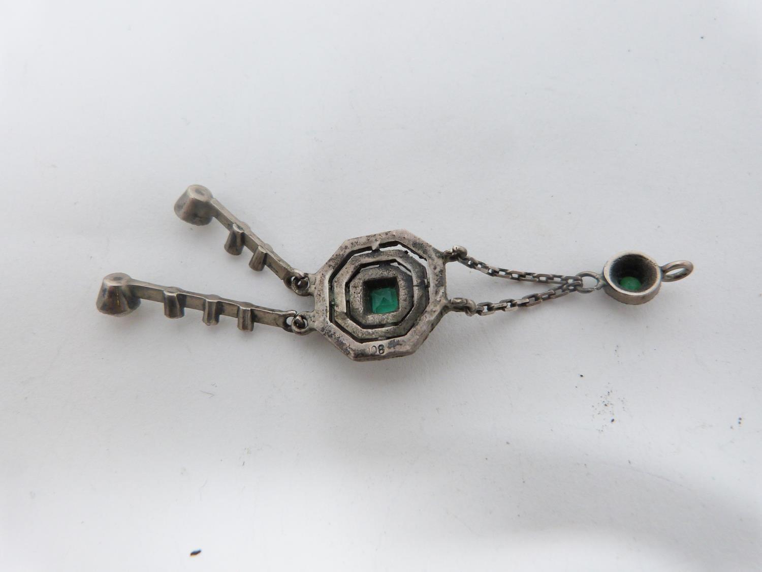 A French silver and yellow gold paste Art Deco Bracelet and pendant. Set with green and white pastel - Image 4 of 12