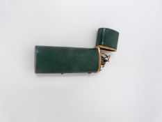 An antique turquoise shagreen and yellow metal sewing etui. Inside there is a pair of scissors,