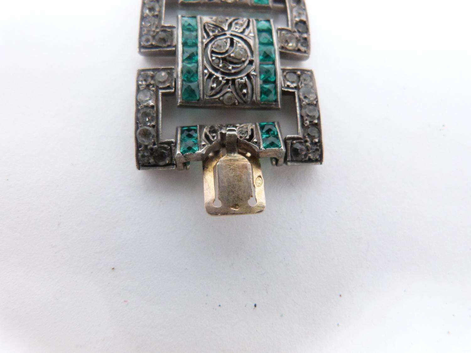 A French silver and yellow gold paste Art Deco Bracelet and pendant. Set with green and white pastel - Image 8 of 12