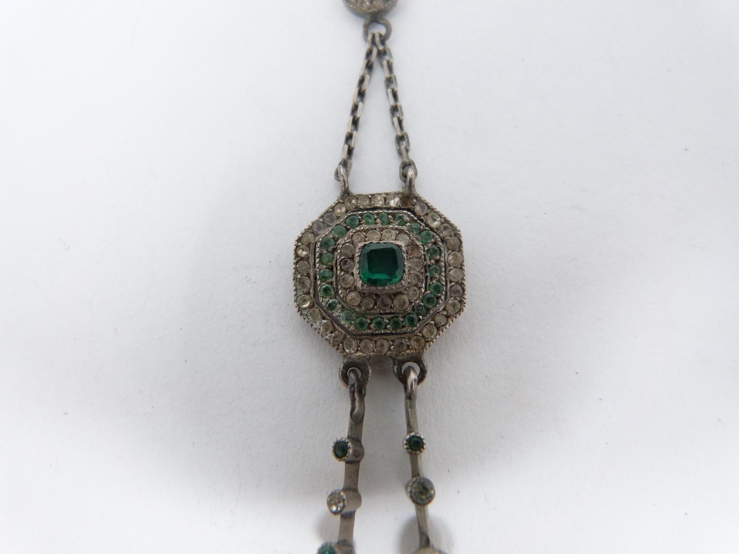 A French silver and yellow gold paste Art Deco Bracelet and pendant. Set with green and white pastel - Image 3 of 12