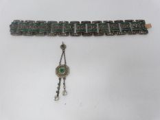 A French silver and yellow gold paste Art Deco Bracelet and pendant. Set with green and white pastel