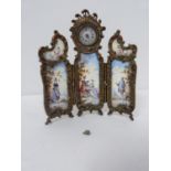 An antique gilt silver Austrian enamel miniature triptych clock. Winder for the hands has come loose