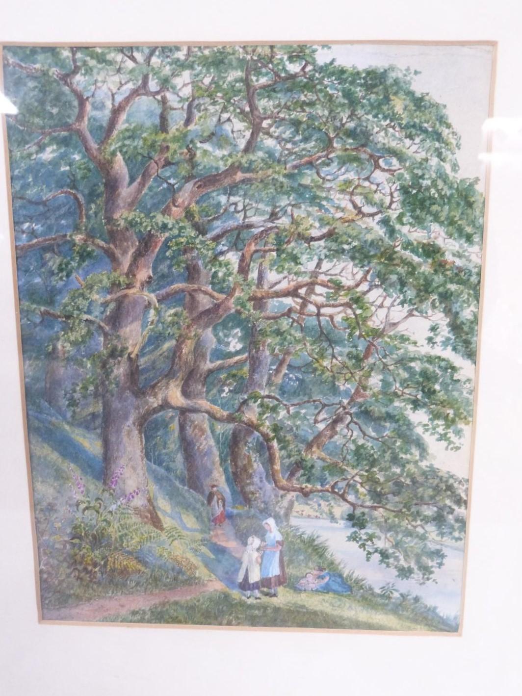 A framed and glazed 19th century watercolour of children and ladies collecting wild flowers in an - Image 3 of 4