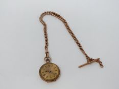 A 9ct hollow gold albert chain and rose gold fob watch. Chain links graduate in size and each one is