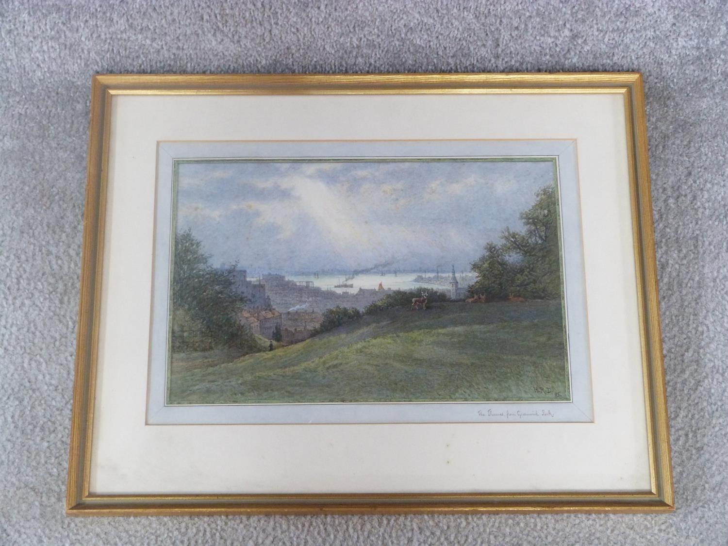 A framed and glazed 20th century watercolour landscape 'The Thames from Greenwich park. Signed