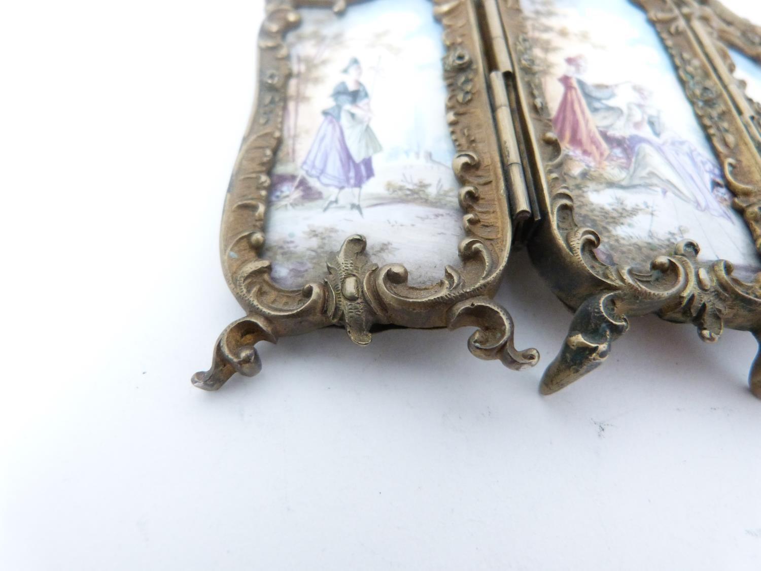 An antique gilt silver Austrian enamel miniature triptych clock. Winder for the hands has come loose - Image 10 of 11