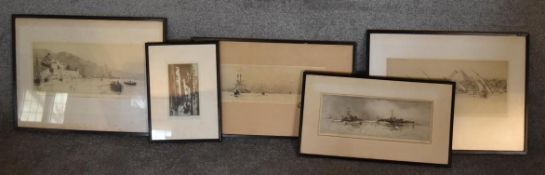 A collection of signed etchings, framed and glazed, signed by W.L Wyllin and others. Largest H. 40 x