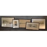 A collection of signed etchings, framed and glazed, signed by W.L Wyllin and others. Largest H. 40 x