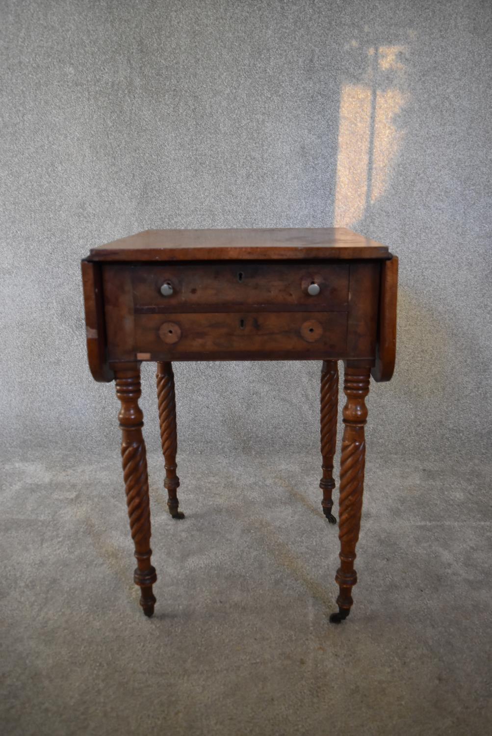 A Regency mahogany drop flap work table fitted two frieze drawers on spiral tapering supports. H73 x - Image 5 of 6