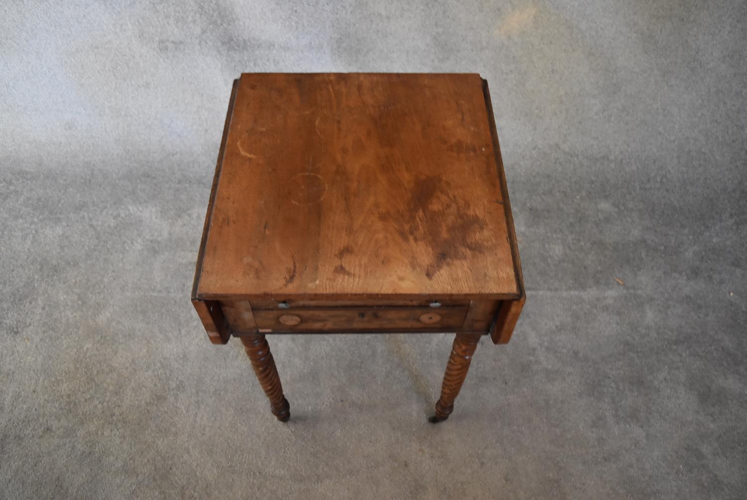 A Regency mahogany drop flap work table fitted two frieze drawers on spiral tapering supports. H73 x - Image 6 of 6